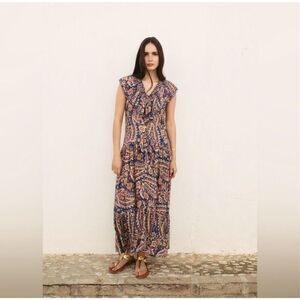 Sonmer Womens Paisley Ruffled Smocked Neck Maxi Dress Multicolor Size Medium NWT